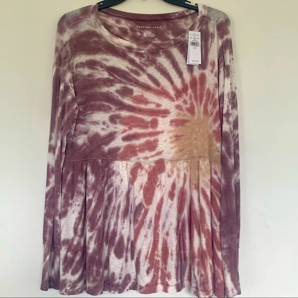 NWT American Eagle Long Sleeve Tie Dye peplum shirt. Small and Super Soft boho
